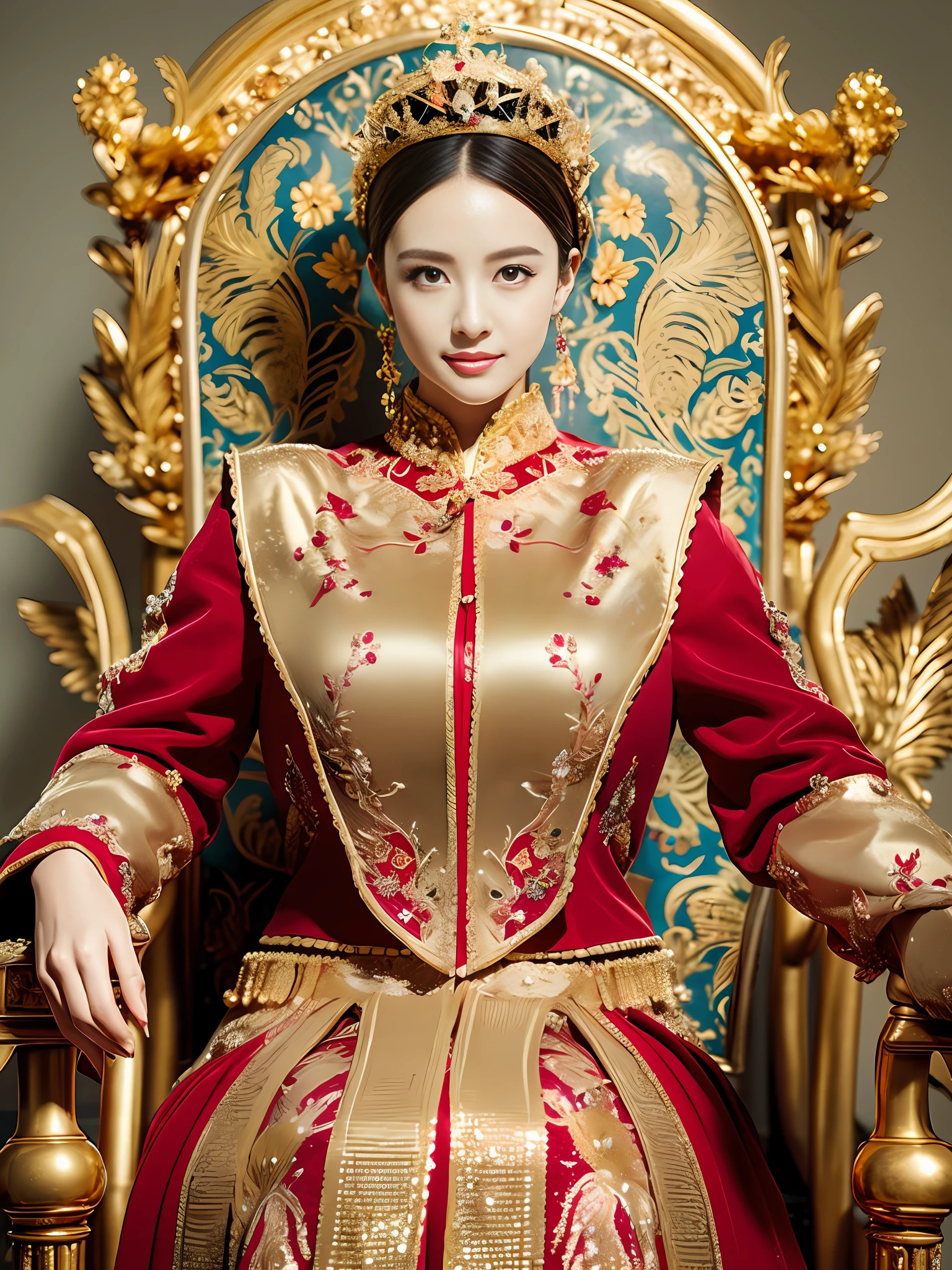 Best quality, masterpiece, detail, intricate detail, realistic cinematic lighting, (fantasy art: 1.6), (seiza: 1.1), (front: 1.2), upright, royal, majestic, queen, (huge and golden throne: 1.4), crown, close-up front, solemn, throne, upright posture, seriousness, dignity, gaze ahead, contemplation, jewelry, solo, divine ray, 1 woman, (gold and red dress), golden palace,