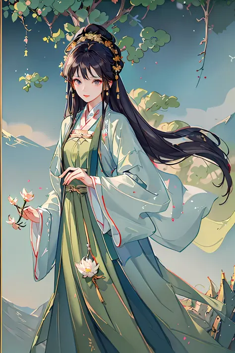 ((4k, masterpiece, best quality)), shuimobysim, Chinese painting, lotus, hanfu, maxiskit, dressed conservative 1 girl, solo, white hair, long hair, white, bikini, fish, looking at the audience, teasing