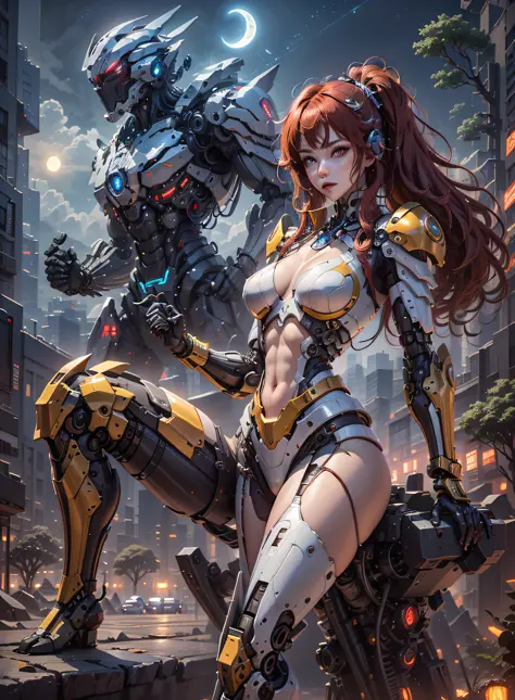 High definition (8k), Beautiful woman detailed defined body, red hair, full body sexy pose wearing cosplay conan the barbarian, medium breasts, blue uniform, metallic red, white, golden yellow high-tech, cyberpunk, futuristic, scenery with night sky with c...