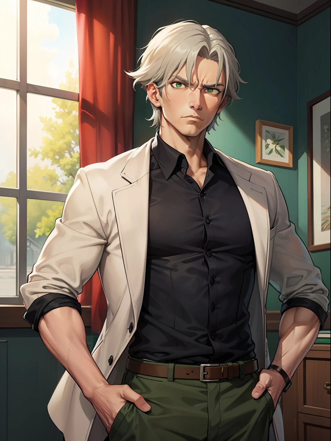 Britischer alter Detektiv mit fitter und großer Figur, Olivgrüne Haut, graue Haare, grüne Augen, und ein ernstes Gesicht, dargestellt im detailreichen Anime-Stil.