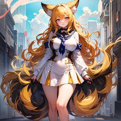 Absolutely beautiful fox girl, perfect slim body, mature royal sister face, yellow hair, large curly hair, sailor suit, sexy and...