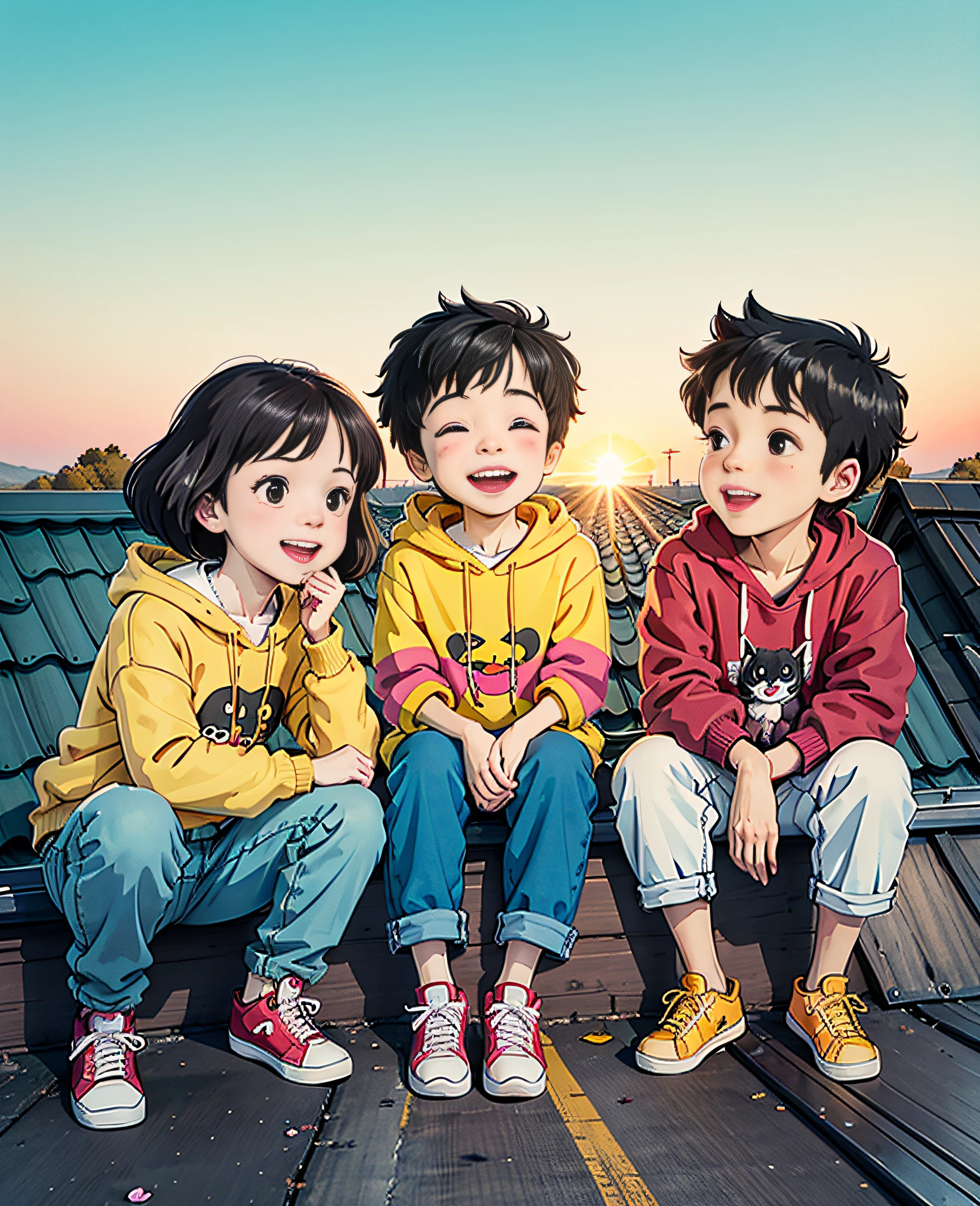 Two happy little boys and a  sat on the roof, taking full body photos and laughing happily. The boy wore a yellow short Sweatshirt, red sneakers, and the girl wore a white sweatshirt, jeans, white sneakers, black hair, a house, flowers, Hayao Miyazaki and other small animals. A happy  with a round face, big eyes, long eyelashes, sunset and sunset,