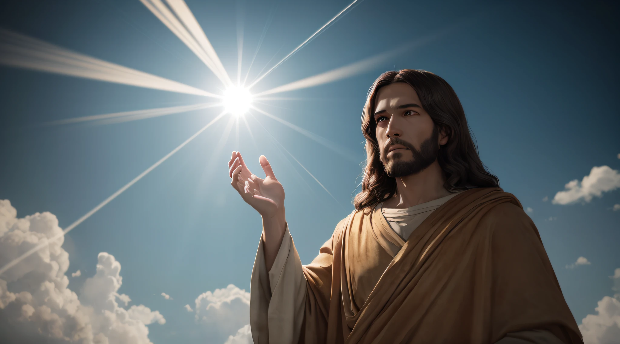 Jesucristo en el cielo con rayos de luz saliendo de sus manos, hiper detallado, 8k, ultra realista, cinemática --auto