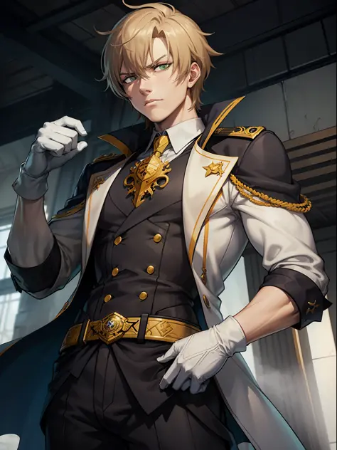 The British villain is tall and strong, with pale skin, short light brown hair, green eyes, and white gloves, depicting a serious demeanor in the style of an anime style, showing intricate details.