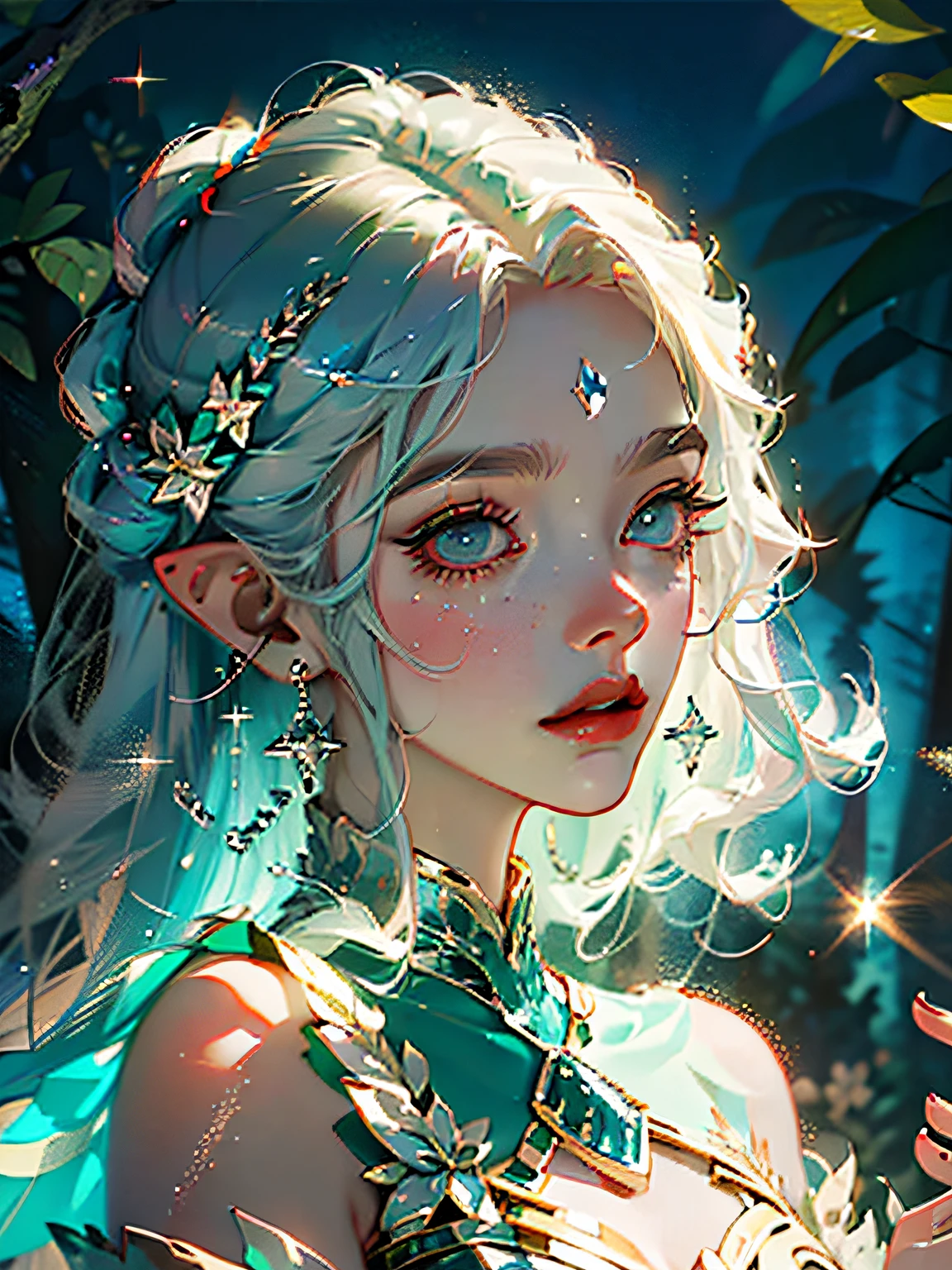 (Masterpiece), best quality, super high resolution, ((character sheet)), concept art, illustration for book, full Illustration, fluorescent color, a boy, 1 Man, male elf, blue and Green palete,
A young male, looking at the audience, beautiful face, beautiful eyes, (bare shoulder: 1.2), head up, upper body, forest, shiny hair, shiny skin, glowing cut, chibi, hands not shown: 1.5, silver starlight clothes, particles, stars, sharp focus, smooth soft skin, symmetrical, soft lighting, detailed face, Octane rendering, Perfect face, detailed face, delicate face, perfect sharp lips, detailed eyes