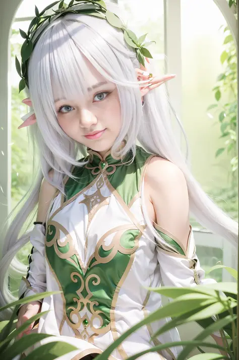 "best image quality, super high resolution, (realistic: 1.4), girl with long white hair and green dress in front of window, sedu...