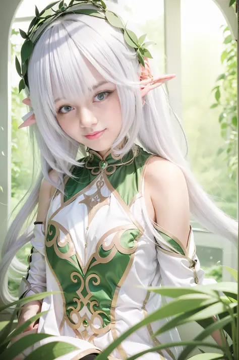 "best image quality, super high resolution, (realistic: 1.4), girl with long white hair and green dress in front of window, sedu...