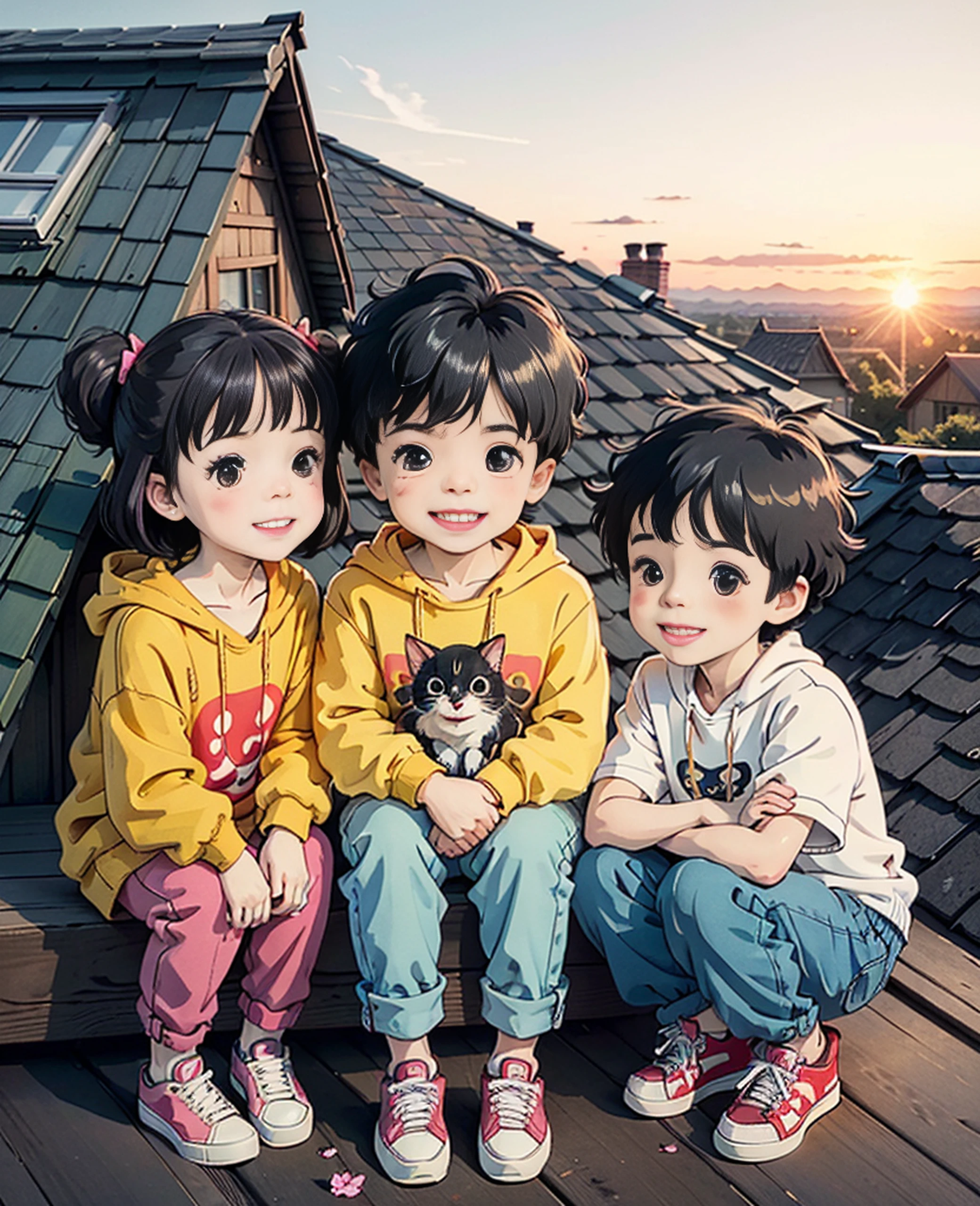 Two happy little boys and a little girl sat on the roof, taking full body photos and laughing happily. The boy wore a yellow short Sweatshirt, red sneakers, and the girl wore a white sweatshirt, jeans, white sneakers, black hair, a house, flowers, Hayao Miyazaki and other small animals. A happy little boy with a round face, big eyes, long eyelashes, sunset and sunset,