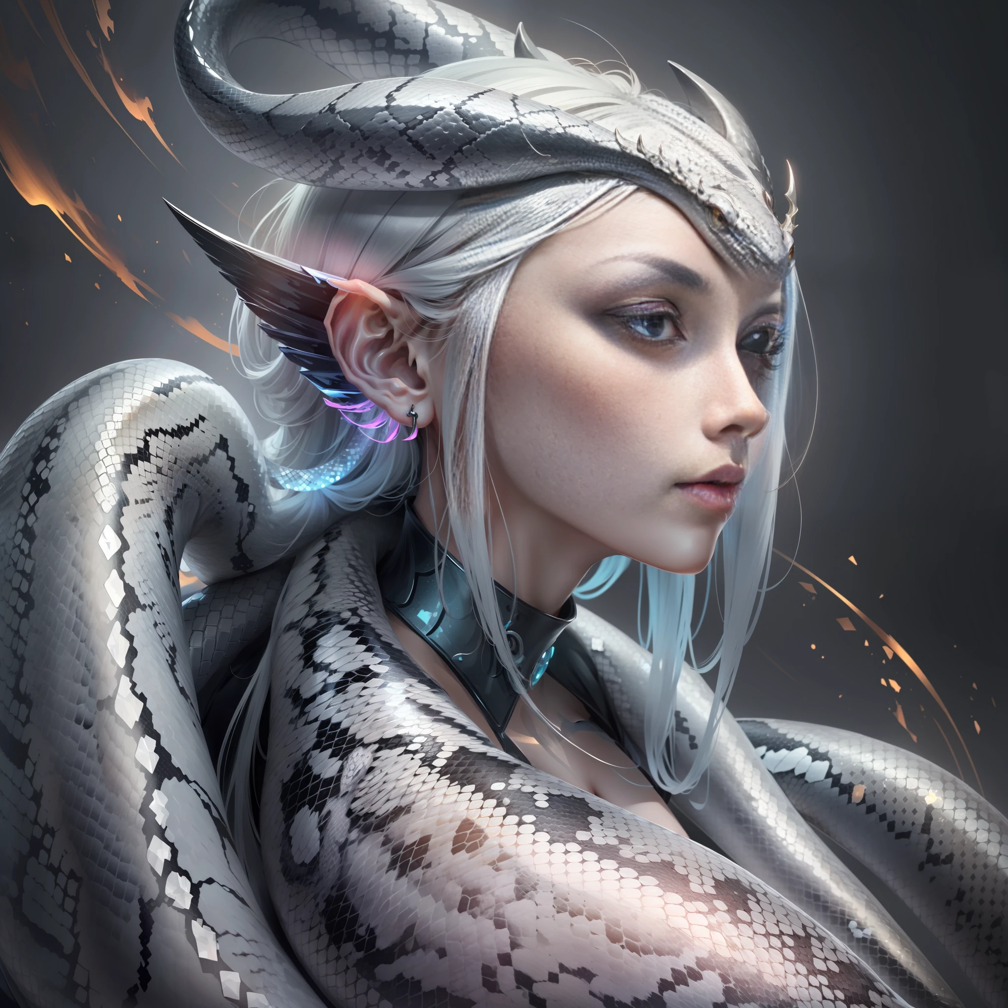 woman white snake hip, beauty snake scale skin, elongated horns on head, with snake tail, ultra-realistic, clear details, (full body), 4k, (original), cg, skin scales, masterpiece, original photo, sfw, (super detailed), sharply focused, pastel colors, 4k, bright, skin shiny scales