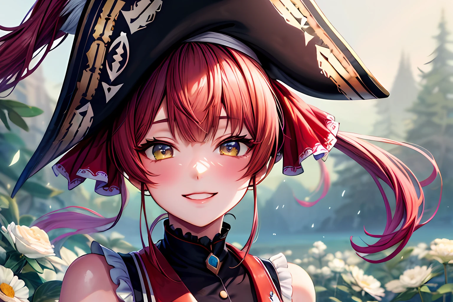 Houshou marine, wear a pirate hat, joyful, mischievous, close portrait, water color, oil painting, art, abstract, dreamy, fluffy, flower, ultra detailed, best quality, volumetric lighting, smiling eyes,((1girl)), (pony twin tail), vibrant, illustration