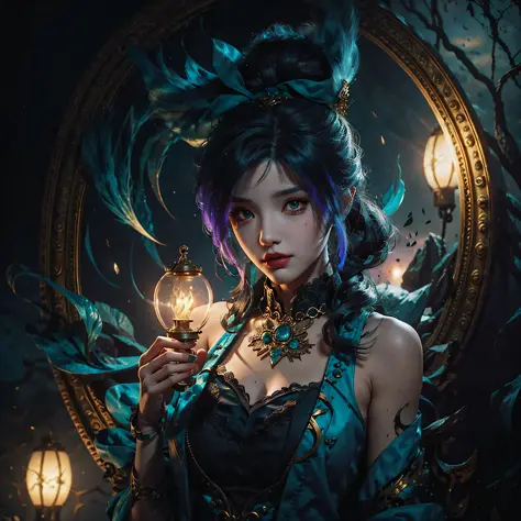 a close up of a person holding a oil lamp, arcane jinx, caitlyn from league of legends, extremely detailed artgerm, samira from ...