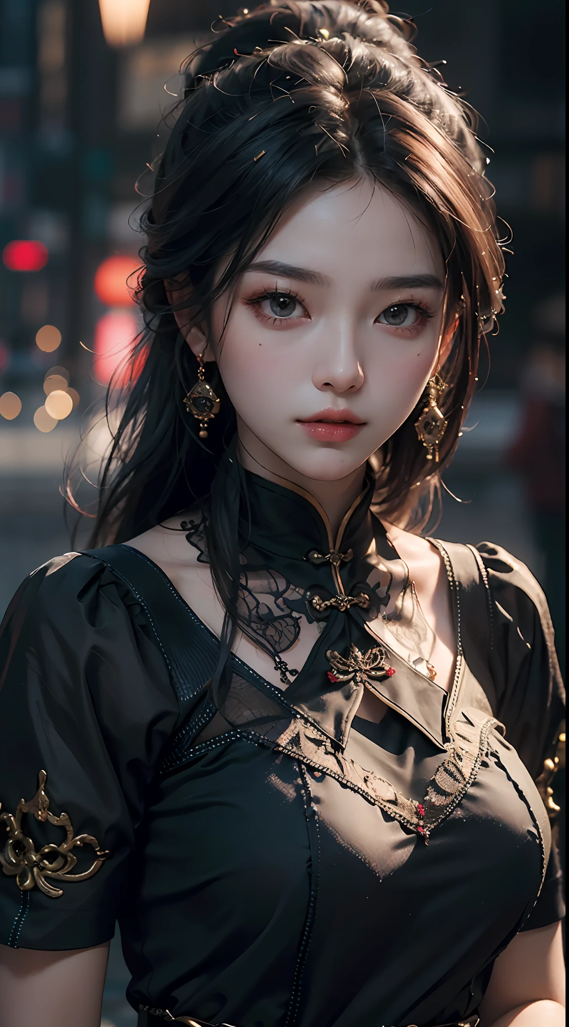 Best Quality, (RAW Photos: 1.2), (Masterpiece: 1.4), (Realistic: 1.4), (High resolution: 1.4), Chinese actress Gulinazha, depth of field, intricate details, 8k, very detailed, perfect lighting, epic background, big bust 1.3, girl group makeup