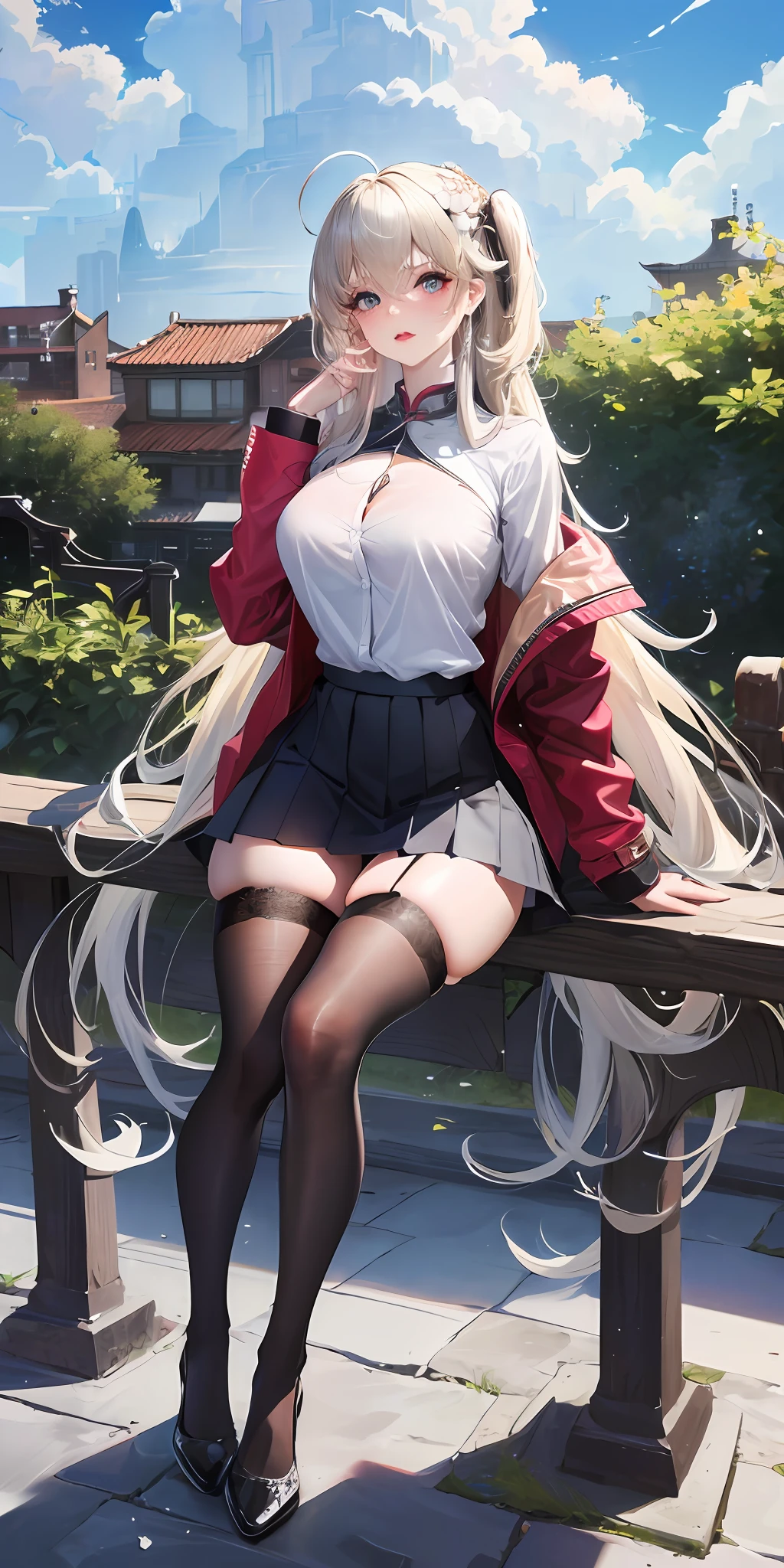 Official Art, Masterpiece, Sharp Focus, (Beautiful Gorgeous Cute Korean Woman: 1.3), (Beautiful and Cute Chinese: 1.3), Chinese Beauty, Delicately Beautiful Hair and Eyes and Face, Realistic, Ultra Detailed, Beautiful Girl, Blue Sky, Glowing White Particles, (Sidelighting: 1.2), Sunlight, White Clouds, Delicate Clouds, Slender, Cute Big Breasts Big Buttocks, Blushing with Laughter, Landscape, Long Straight Hair, Sexy Facial Expressions, Architecture, (Cityscape: 1.7), dynamic hair, long straight hair, fine platinum blonde hair, glowing blue eyes, (blue tight pleated shirt + white miniskirt), white transparent stockings, pale skin, hair accessories, epic scenery, very thin and long legs, full body