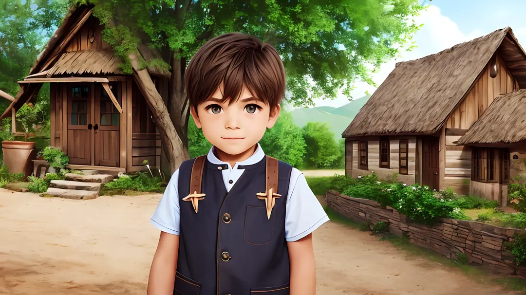Visualize a small village with simple, rustic surroundings. Show a determined young boy with a sparkle in his eyes, symbolizing ...