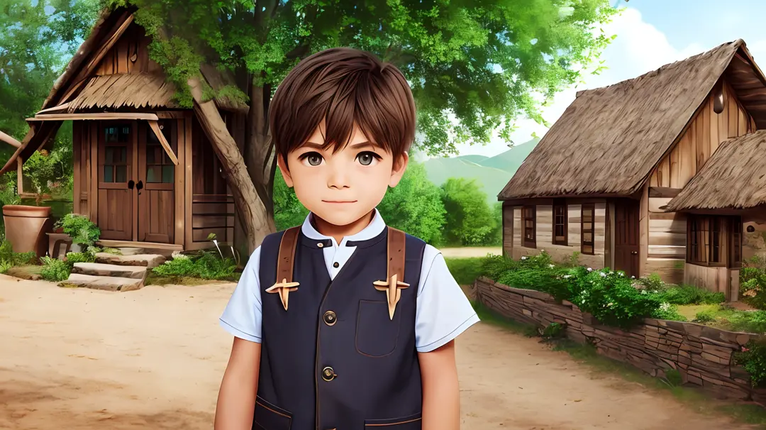 visualize a small village with simple, rustic surroundings. show a determined young boy with a sparkle in his eyes, symbolizing ...