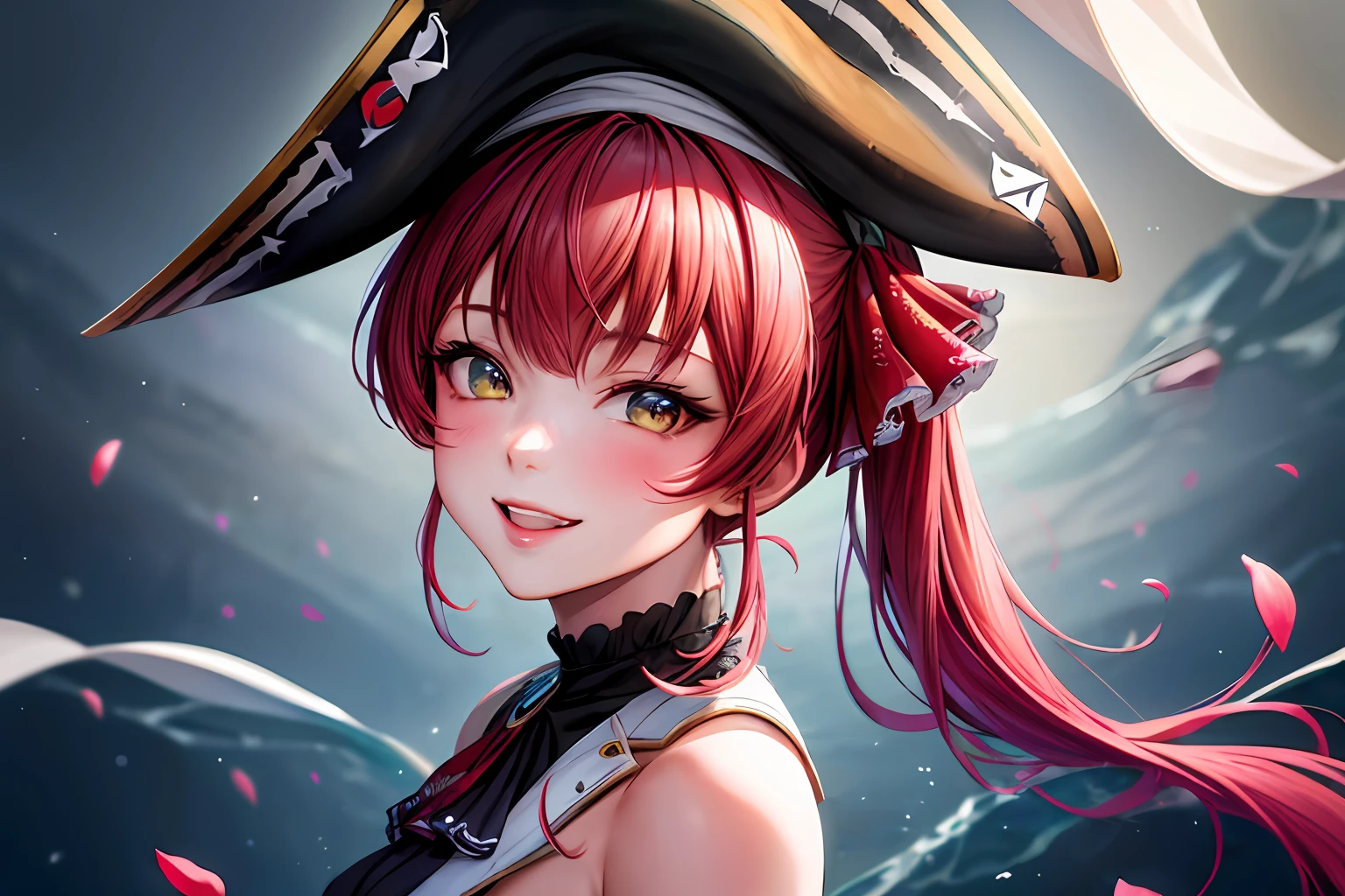 Houshou marine, wear a pirate hat, joyful, mischievous, close portrait, water color, oil painting, art, abstract, dreamy, fluffy, flower, ultra detailed, best quality, volumetric lighting, smiling eyes,((1girl)), (pony twin tail), vibrant, illustration, dynamic angle shot, seductive