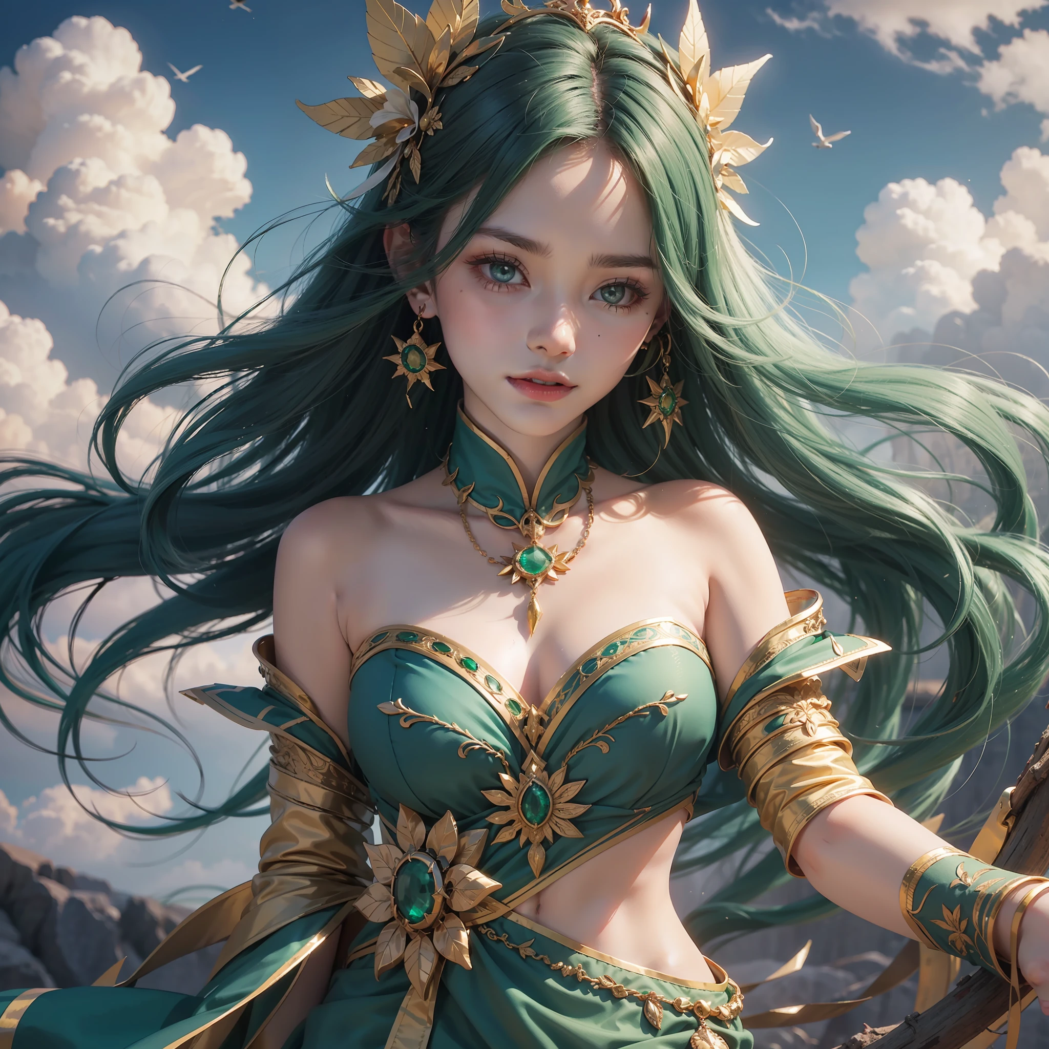 Wind Spirit, Emerald Hair, Emerald Eyes, Emerald Dress, Soaring from the Sky, Wind Charmer