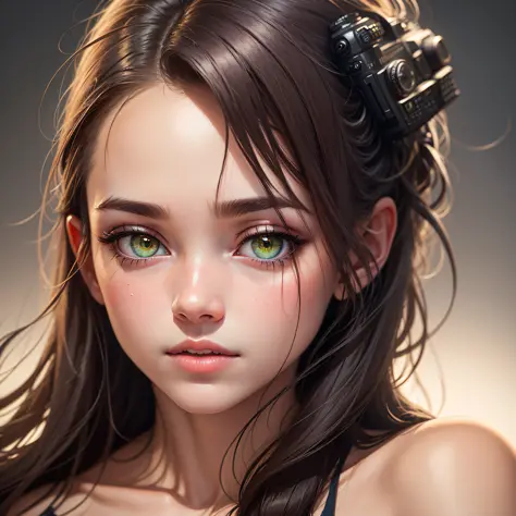 "Describe a girl with a delicate face and Nordic features. His green eyes are the highlight, being well detailed and expressive. The irises have vibrant shades of green, with a golden ring around the pupil. The eyelashes are long and curved, further enhanc...