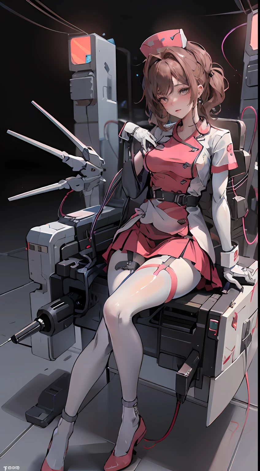 ((best quality)), ((masterpiece)), ((reality)), (detailed), (pink short skirt), Mecha female nurse lying on a nursing bed resting, charging with wires plugged in her body, sustaining life on energy batteries, 20 years old, wearing a medical stethoscope, very small breasts, sexy lying position, seductive pose, dynamic pose, dynamic shot, alloy cuirass, with a lot of wires wrapped around her body, binding, she is wearing sexy lace mecha medical trousers, wearing pink Gundam lace nurse uniform pajamas, brown hair, Semi-mechanical pajamas, sexy mecha suit, latex full-body tights, black silk, full-body latex pink tights, holding a super huge medical syringe in his hand, and neatly placed next to how many medical props, medicine boxes, medical equipment, surgical props, huge power generation batteries are glowing, lightning jumping, flowing electrical energy flowing in blood vessels, in hospital operating rooms, science fiction, HDR, ray tracing, NVIDIA RTX, super resolution, Unreal 5, subsurface scattering, PBR textures, post-processing, Anisotropic filtering, depth of field, maximum sharpness and sharpness, 8K original, (luminous particles: 1.4), (very detailed CG, Unity 8K wallpaper, 3D, cinematic lighting, lens flares), reflections, sharp focus, cyberpunk art, cyberpunk architecture,