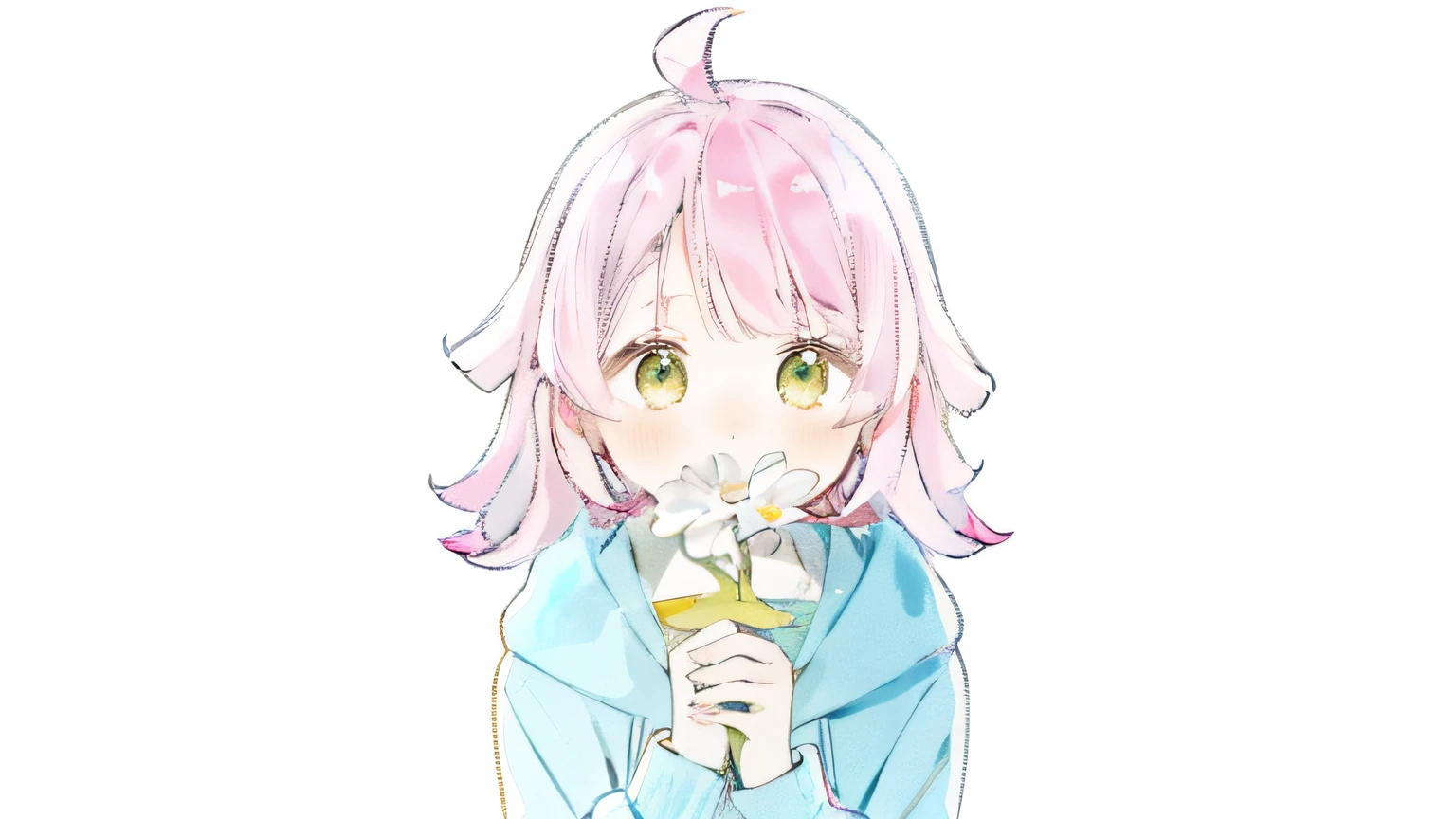 Anime girl with pink head smelling flowers, index finger, anime girl smelling flowers, Yuru camp, Haruno Sakura, Shirobi, holding it in hand, cute girl with anime vision, pink hair, kinmoza! , anime Yuru Camp, Yuryuri, Saori, Manoka Kaname --auto