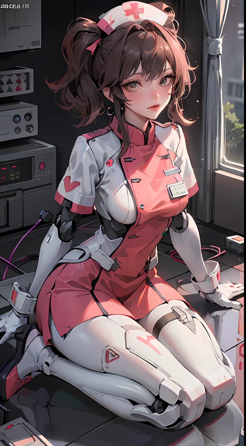 ((best quality)), ((masterpiece)), ((reality)), (detailed), (pink short skirt), Mecha female nurse lying on a nursing bed resting, charging with wires plugged in her body, sustaining life on energy batteries, 20 years old, wearing a medical stethoscope, very small breasts, sexy lying position, seductive pose, dynamic pose, dynamic shot, alloy cuirass, with a lot of wires wrapped around her body, binding, she is wearing sexy lace mecha medical trousers, wearing pink Gundam lace nurse uniform pajamas, brown hair, Semi-mechanical pajamas, sexy mecha suit, latex full-body tights, black silk, full-body latex pink tights, holding a super huge medical syringe in his hand, and neatly placed next to how many medical props, medicine boxes, medical equipment, surgical props, huge power generation batteries are glowing, lightning jumping, flowing electrical energy flowing in blood vessels, in hospital operating rooms, science fiction, HDR, ray tracing, NVIDIA RTX, super resolution, Unreal 5, subsurface scattering, PBR textures, post-processing, Anisotropic filtering, depth of field, maximum sharpness and sharpness, 8K original, (luminous particles: 1.4), (very detailed CG, Unity 8K wallpaper, 3D, cinematic lighting, lens flares), reflections, sharp focus, cyberpunk art, cyberpunk architecture,