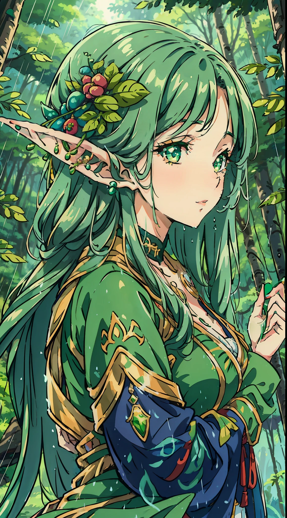 A beautiful elf woman in the middle of the forest on a rainy day. In anime style.