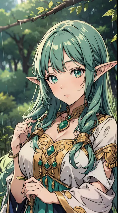 A beautiful elf woman in the middle of the forest on a rainy day. In anime style.