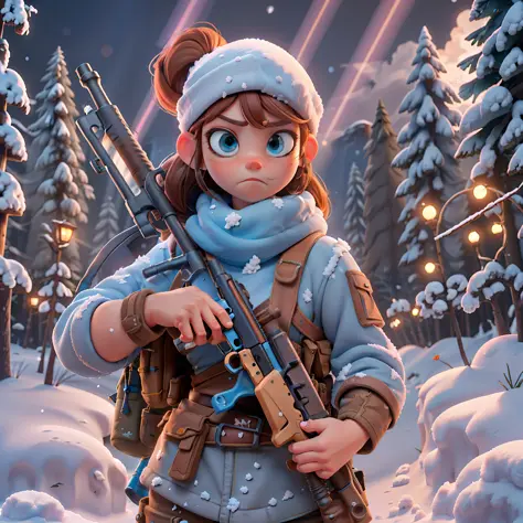 survivor girl with rifle, post-apocalyptic, snow, pixar, bloom, god rays, bright light, 8k, highres, best quality, high details