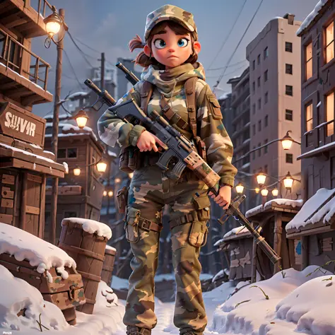 "Survivor girl" dressed in "camouflage suits" and armed "with rifle", post-apocalyptic, snow, bloom, bright light, 8k, highres, ...