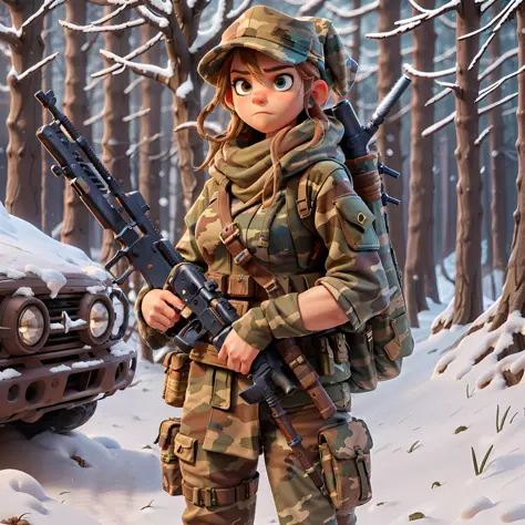 "Survivor girl" dressed in "camouflage suits" and armed "with rifle", post-apocalyptic, snow, bloom, bright light, 8k, highres, ...
