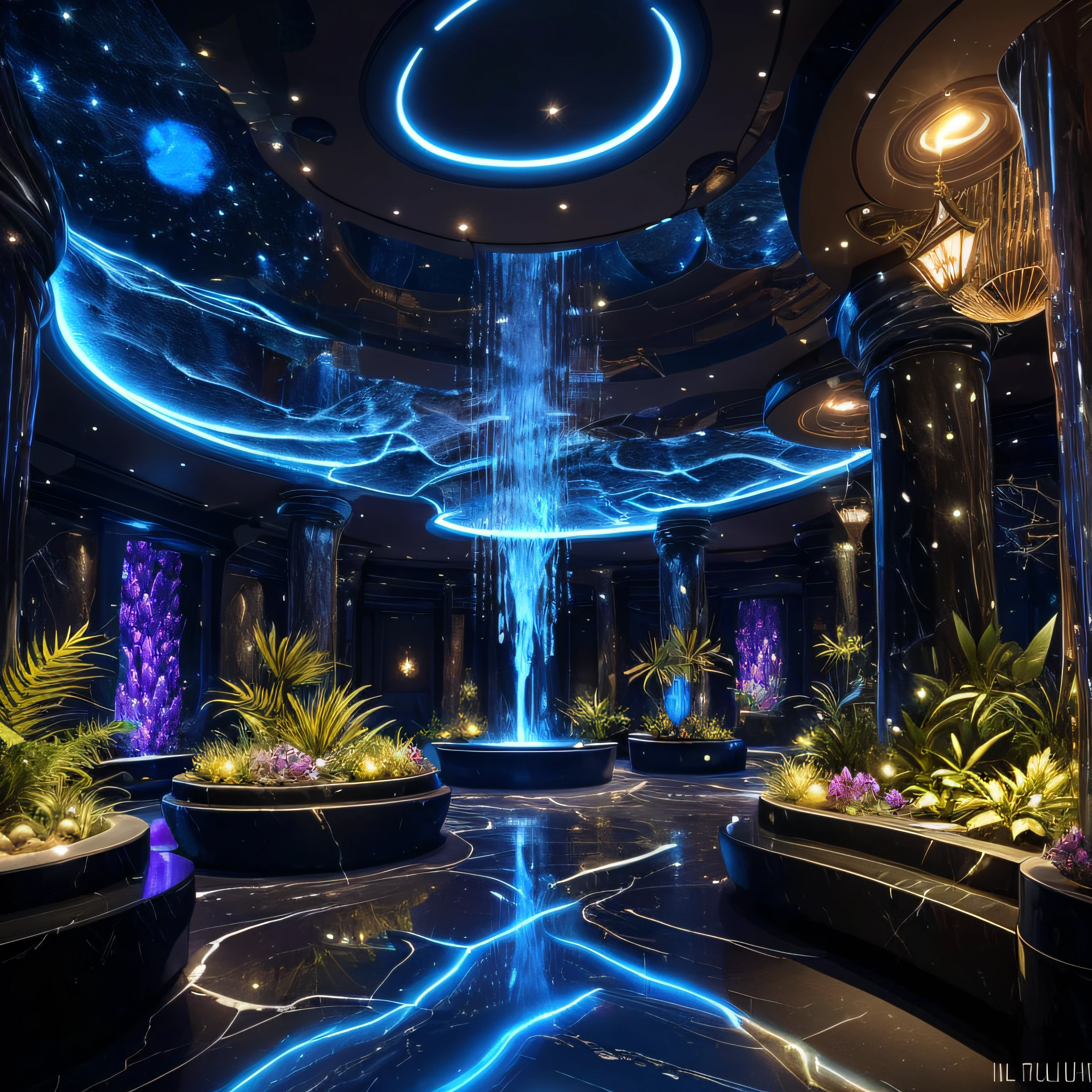 incredible Na'vi-inspired luxurious futuristic store interior in Ancient Egyptian style with many ((lush plants)) (lotus flowers), ((palm trees)), rocky walls, (sand), ((waterfalls)) (marble), ((precious minerals)), ((metals)), (gemstones), crystals, clouds and ((water)), (hieroglyphics), ((trees and plants made out of gemstones and precious minerals and lights)), crocodiles, (((ultra luxury))), (black marble) – with ((beautiful lights)), Unreal Engine, HQ, 16k