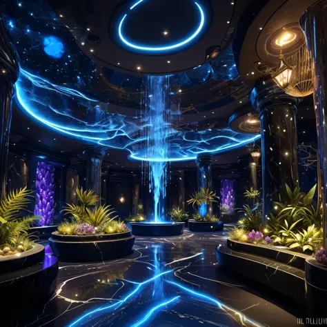 incredible na'vi-inspired luxurious futuristic store interior in ancient egyptian style with many ((lush plants)) (lotus flowers...