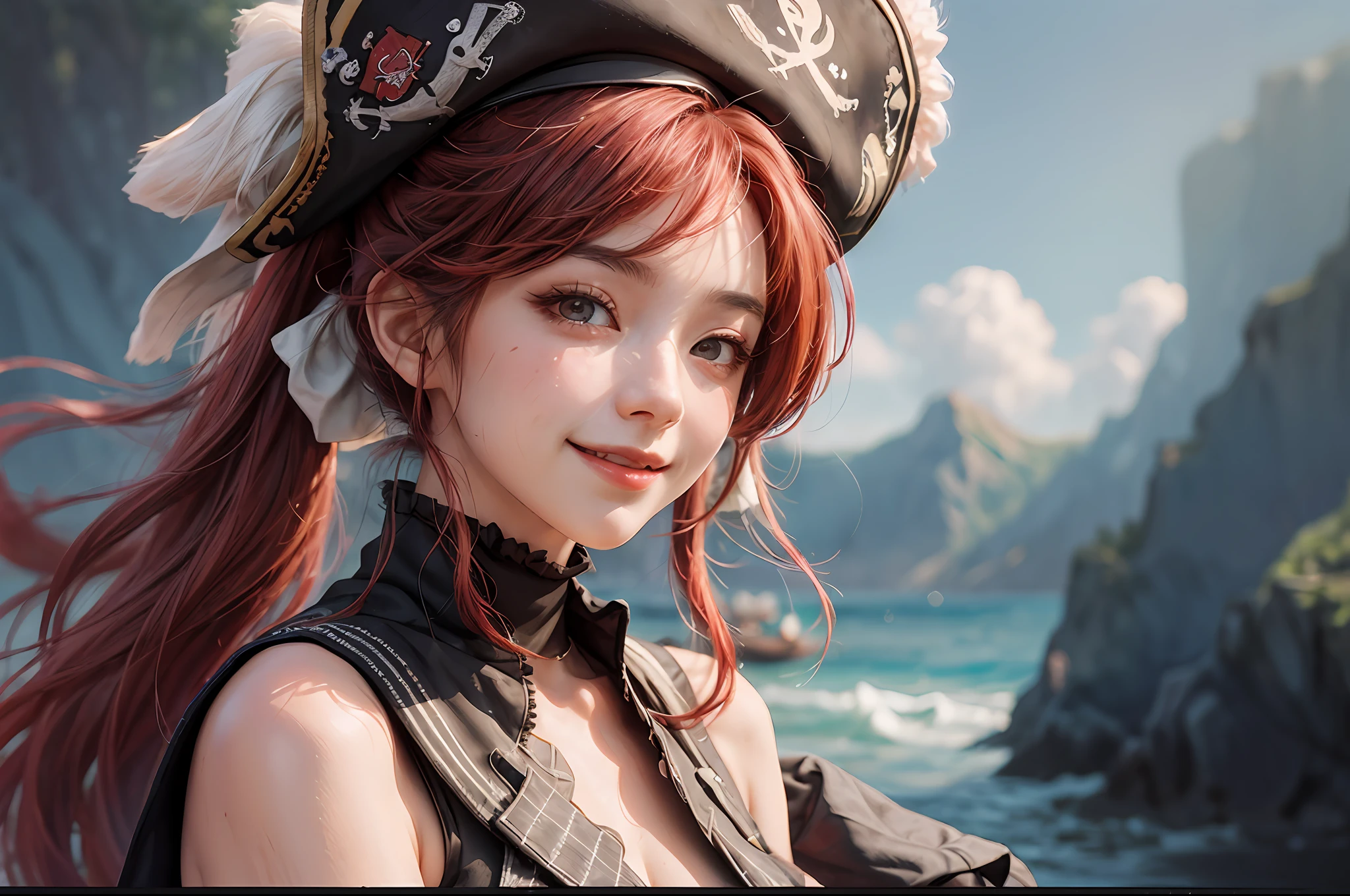 Houshou marine, wear a pirate hat, joyful, mischievous, close portrait, water color, oil painting, art, abstract, dreamy, fluffy, flower, ultra detailed, best quality, volumetric lighting, smiling eyes,((1girl)), (pony twin tail), vibrant, illustration, dynamic angle shot, seductive, red hair