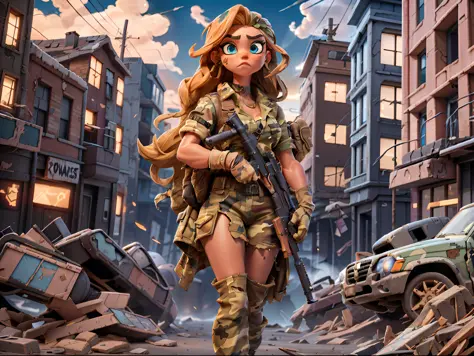 "Beautiful Survivor Girl" dressed in "torn camouflage suits", holding an AK-47 gun, gloves on her hands, thick eyebrows, tanned ...
