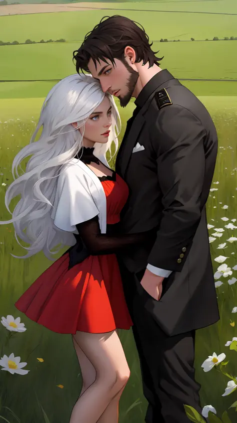 There is a muscular man with short hair and black beards and a woman with long white hair to the side looking at each other in a...