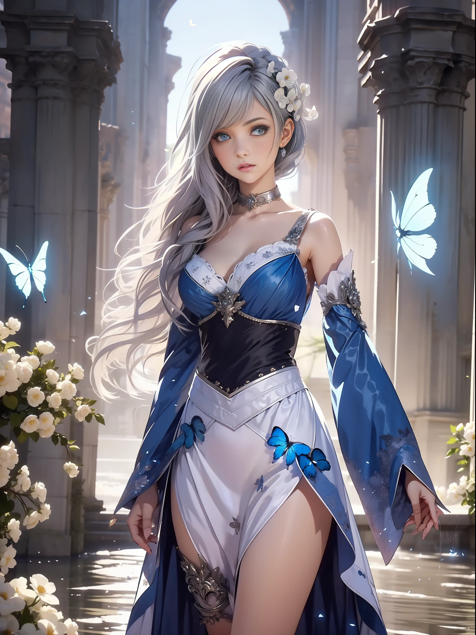 (Aerial view) dynamic angle, ultra-detailed, illustration, close-up, straight, 1girl, (costume: 1.4), (blue blue eyes), dreamers, (bright eyes: 1,233), (beautiful and detailed eyes: 1.1), (silver hair: 1.14), (messy hair, French hair braid, eyes), (+ (Teapot hair flower: 1.14)), (chiffon dress, Teapot flower pattern in uniform) /=(military uniform: 1.24), (detached sleeves, wide sleeves), (fingerless gloves),  choker, (Miko thighhighs), high-heeled boots, (mouth closed (expressionless),(standing), (Classic princess boudoir with dressing table and French window in an ancient white palaces), (white flowers, flower), (abysmal sea), (flowing water), (a dull blue world tree: 1.14), (ruins), (night: 1.2),(flying translucent blue butterflies:1.15), [[delicate fingers and hands:0.55]::0.85],(detailed fingers)