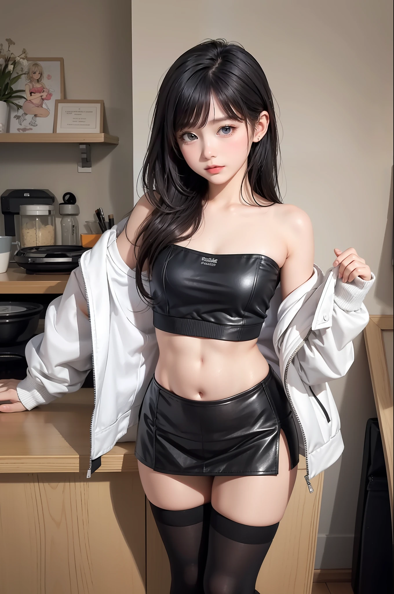 (best quality, super detailed, illustrations, masterpieces),
Bar, 1 girl,  cute, small man's waist, vest line, collarbone, pear-shaped body, small hand coordination, soft little hands, leather skirt, tight socks, open belly button, tight sleeveless off-the-shoulder shirt, clothes not exposed, jacket