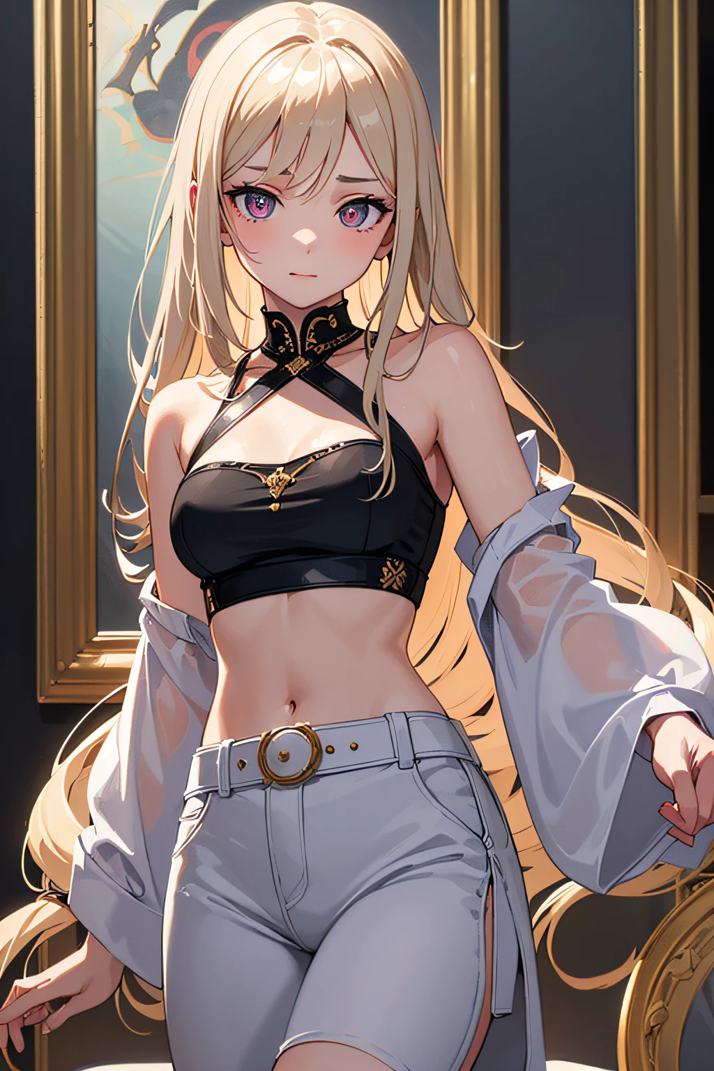 masterpiece, best quality, highres, hmnl, long blonde hair, green eyes, long hair, ahoge, hair ornament, jewelry, earrings, baggy hoodie, sleeveless, sweater dress, street, walking, cowboy shot, flat chested, angry, adult woman, melancholy lighting, beautiful and delicate face, fair skin, perfect and well designed eyes