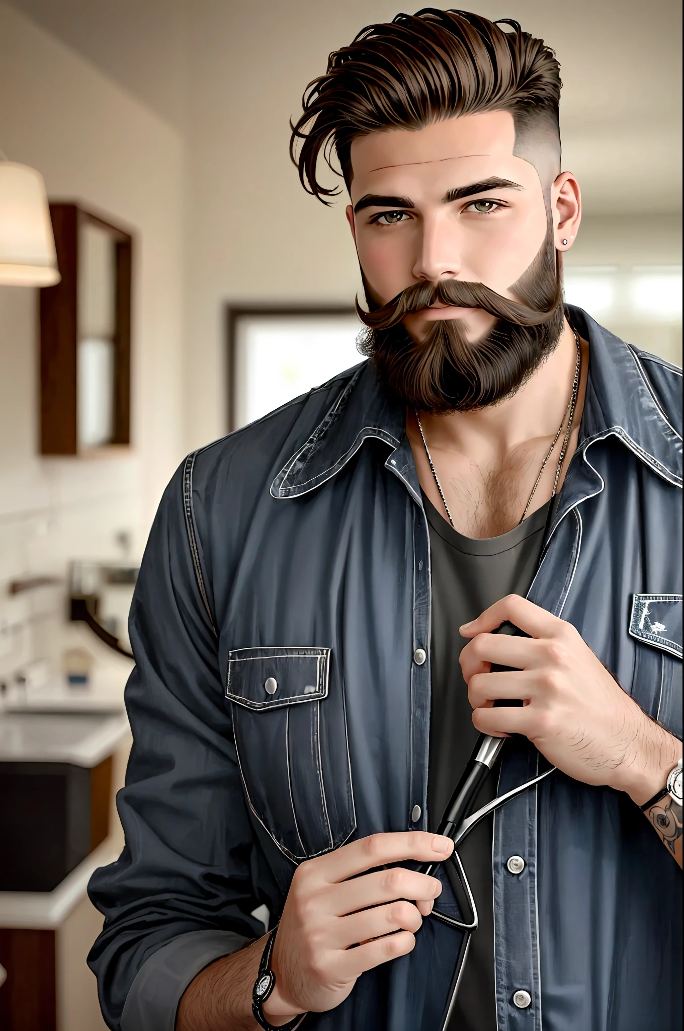 Funny and modern barber man with lumberjack beard and feid hair looked at the public with barbershop background