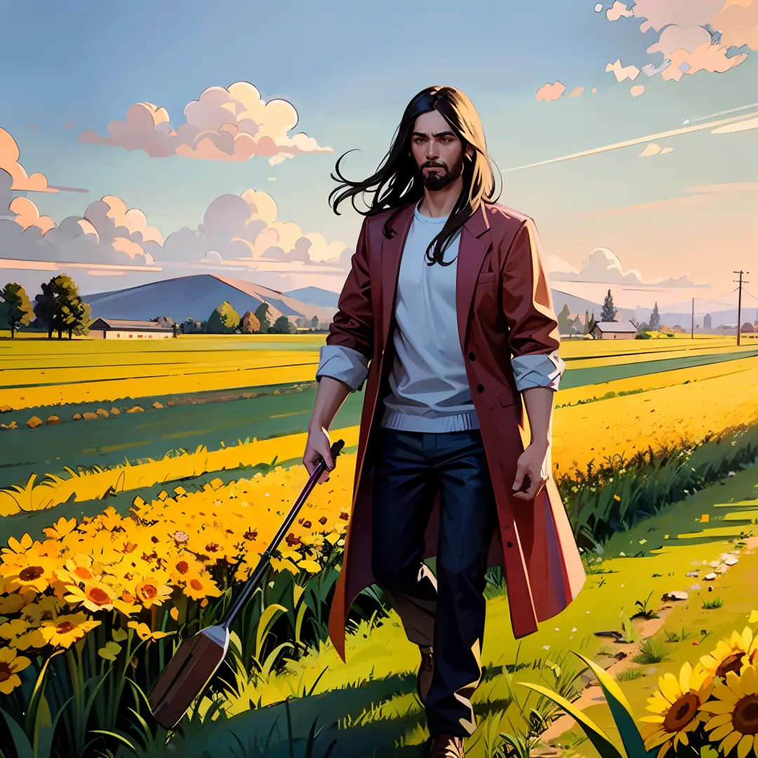 painting of jesus christ walking in the field in front of a village in judea --auto