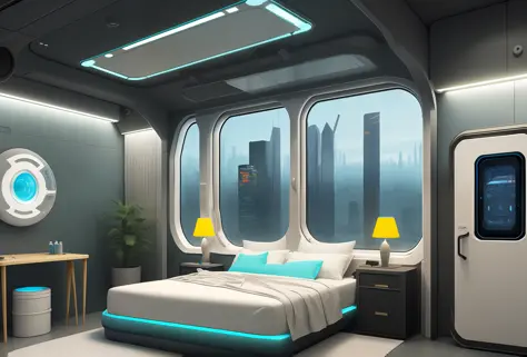 。 Sharp edges, Tiffany blue, gray-orange, white and gold. A sci-fi bedroom in a space base, with a futuristic city skyline out the window, Octane returns. 8 Background Future Alloy Synthetic Plastic Bed and Table Virtual Reality Interactive Cabin Smart Hom...