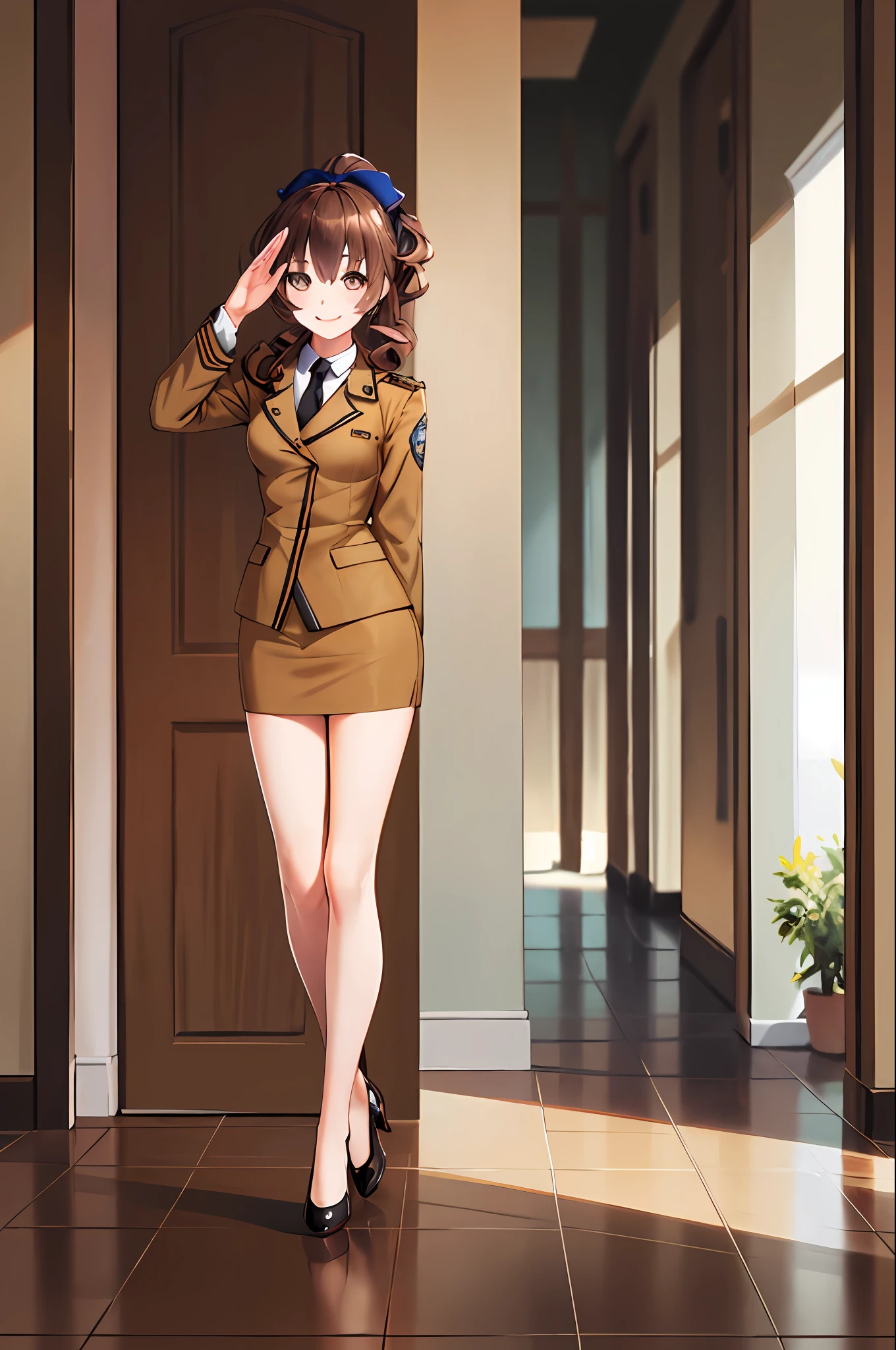 masterpiece, best quality, highres, 1girl, solo, military uniform, long hair, curly hair, ponytail, hazel eyes, brown hair, black necktie, blue bow, brown skirt, salute, smile, indoors, cowboy shot, full body, bare legs, black high heels