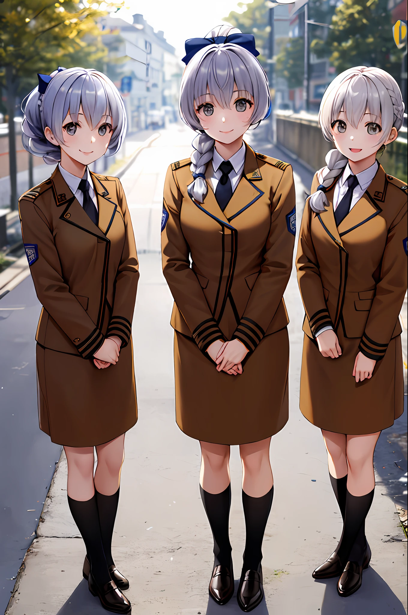 masterpiece, best quality, highres, 3girls, trio, military uniform, braided ponytail, single braid, grey eyes, grey hair, black necktie, blue bow, brown skirt, smile, outdoors,  standing, cowboy shot