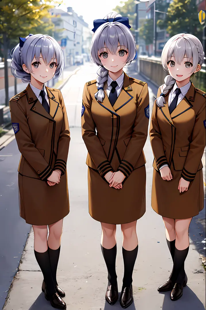 masterpiece, best quality, highres, 3girls, trio, military uniform, braided ponytail, single braid, grey eyes, grey hair, black ...