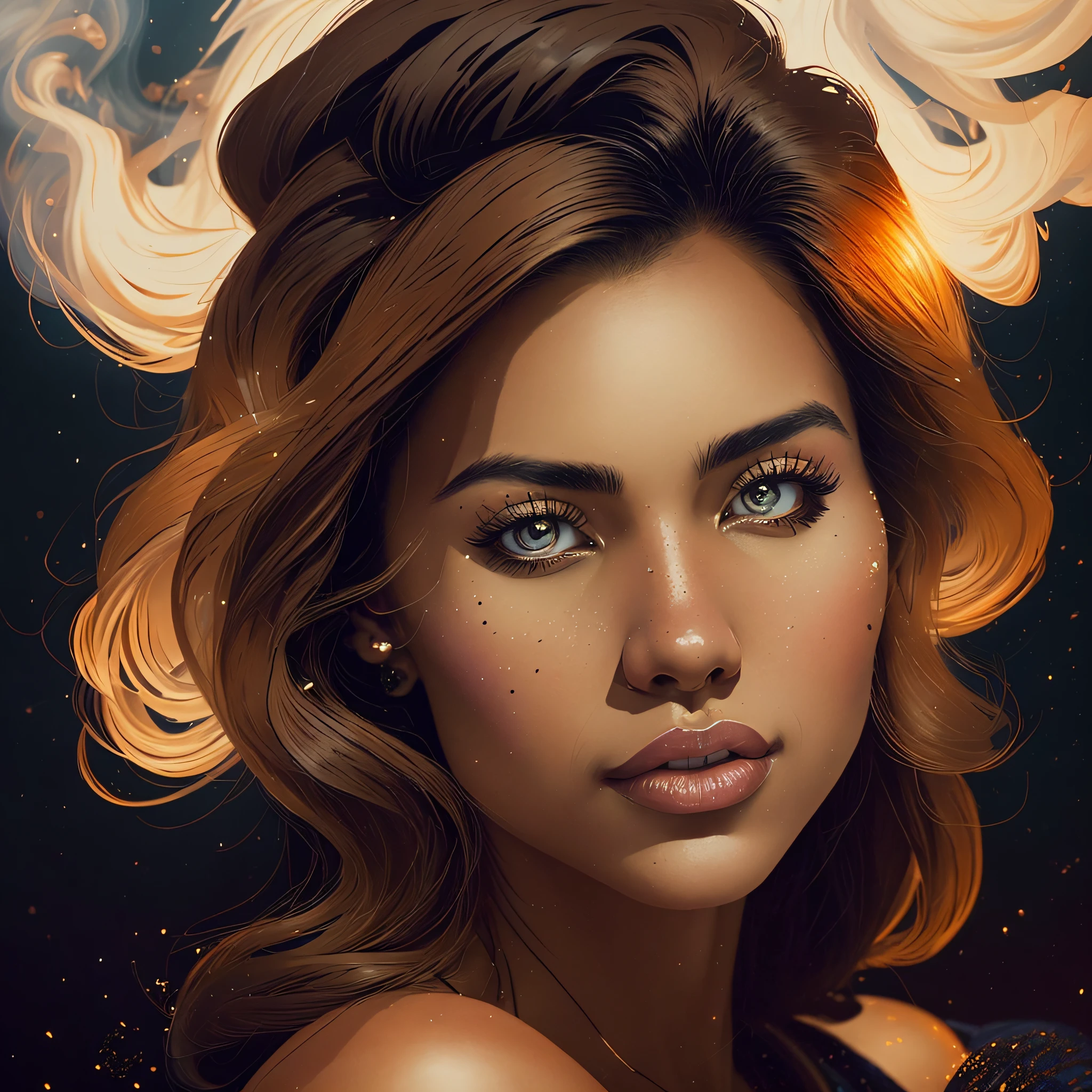 "Image Type: Digital Illustration\n\nDescription: A beautiful black woman with strong and delicate features. Her deep brown eyes are the highlight, reflecting mystery and intensity. Her eyelashes are long, further enhancing the striking look. Her lips are full and delicate, with light tones that contrast with her skin. Her hair is large, in a revolting style, with a brownish hue. Her bust is plentiful and well defined, conveying confidence and beauty. The scene depicts a smoky environment, with embers floating in the air next to the smoke, creating an enigmatic and seductive atmosphere."
"art_styles": "surrealism, realism",
"art_inspirations": "Ernie Barnes, Kerry James Marshall,"
"camera": "N/A",
"shot": "close-up",
"render_related_information": "Use vibrant, contrasting colors to highlight a woman's beauty and create a powerful visual impact. The details of the facial features must be accurately portrayed, capturing the expressiveness and personality of the character. The smoke and embers should be represented in detail, with realistic textures and shades. The lighting should be soft and diffuse, creating an engaging and mysterious mood. The final image should convey the strength, beauty and mystery of this stunning black woman." --auto