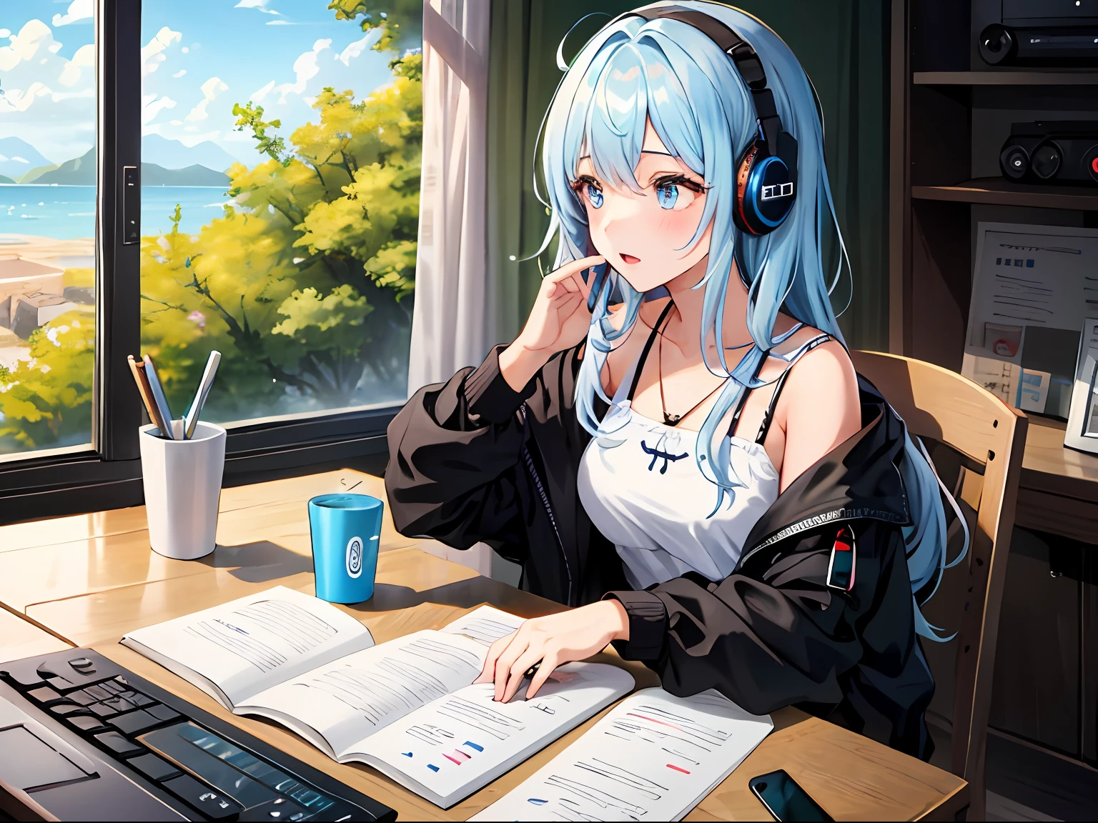 GIRL LISTENING TO MUSIC ON PHONE, VARIOUS COLORS, COLORFUL