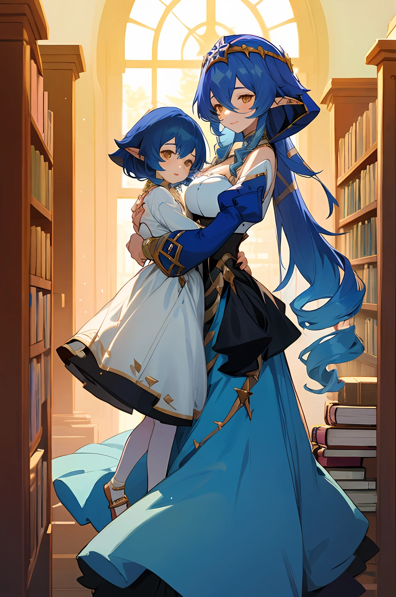 anime image of two women dressed in dress posing for a picture like arabic library clothes in summer, beautiful decoration on dress, palace a girl in palace,medium hair, blue haired , anime fantasy illustration, from the azur lane videogame, genshin, layla detailed art, two beautiful anime girls, mother and child, symbol of maternal love, mother and child, such as photos of mother and child, smile, School library, elf, long ears, book, stack of books, bookshelf