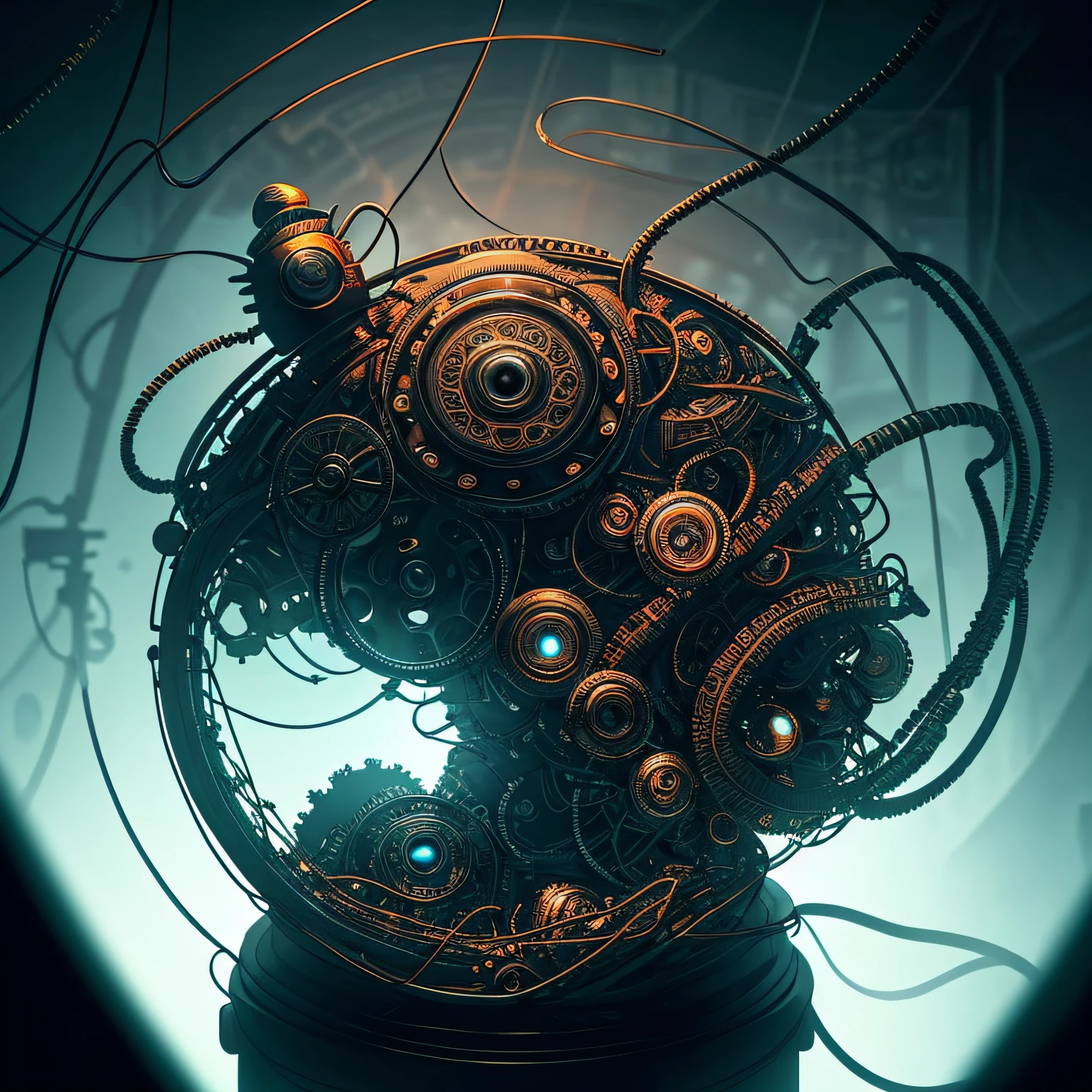 A beholder floating next to an automaton peacefully in the foreground with a incredibly complex and intricate network of cables arcing behind him, dark fantasy, dark atmosphere, atmospheric lighting, cinematic lighting, best angle, ultra-detailed, intricate, angle from side, beholder=1.6