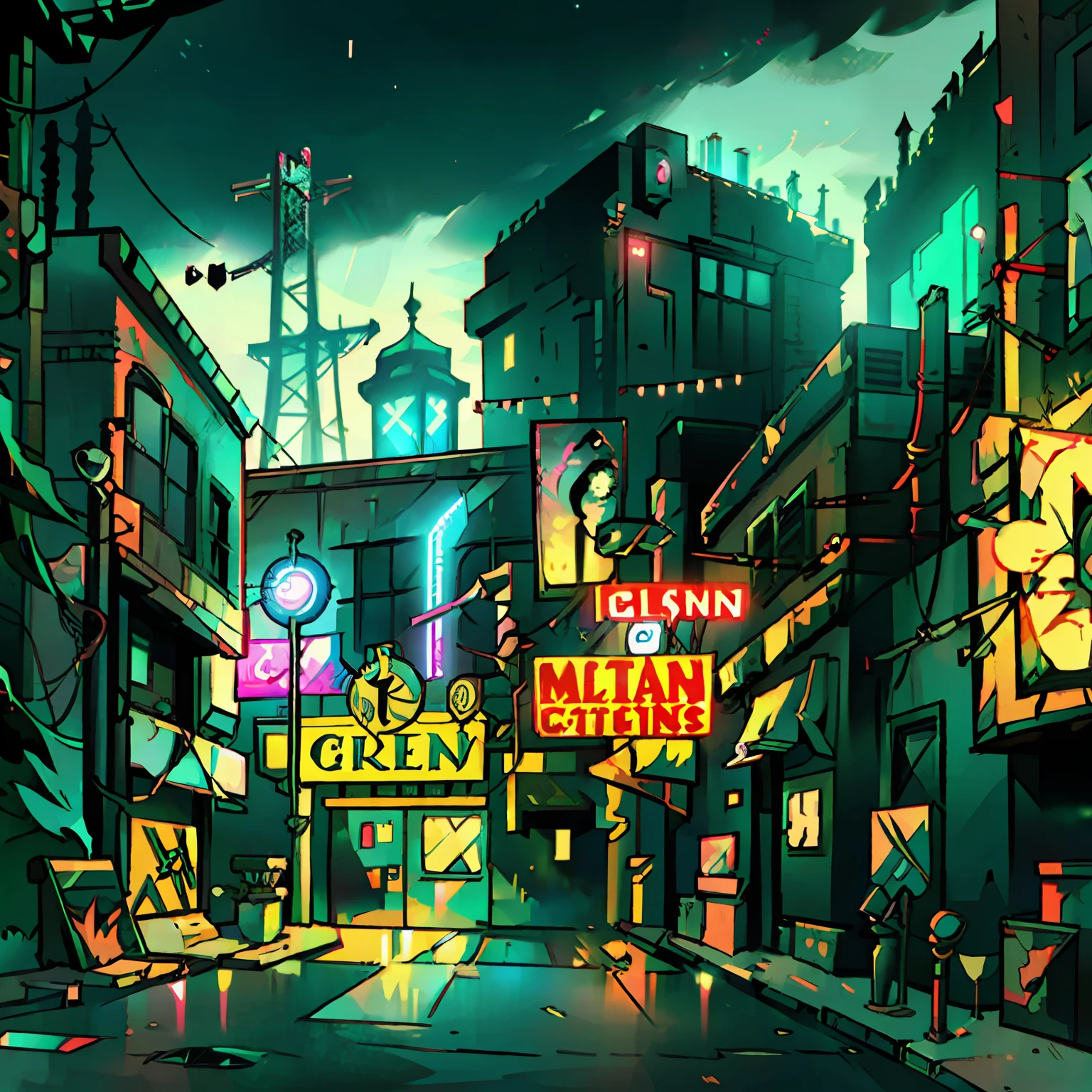 Illustration einer Cyberpunk-Stadtlandschaft bei Nacht mit Wolkenkratzern, Neonlichter, Werbetafeln, Autos, Theaterzelt, & elektrische Kabel. Retro-Videospiel Pixelart City. [Science-Fiction, Fantasie, historisch]