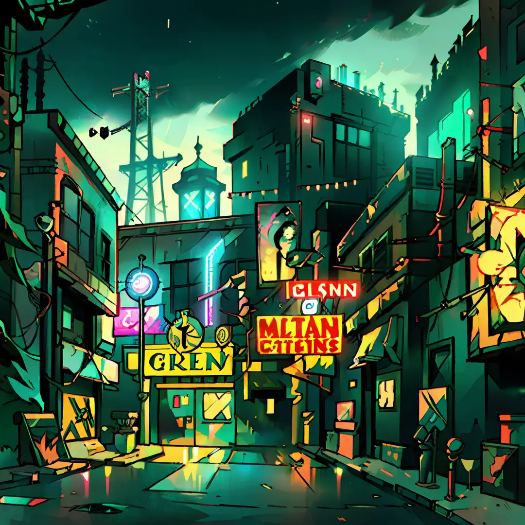 Illustration of a Cyberpunk Cityscape at Night with Skyscrapers, Neon Lights, Billboards, Cars, Theater Marquee, & Electric Wire...